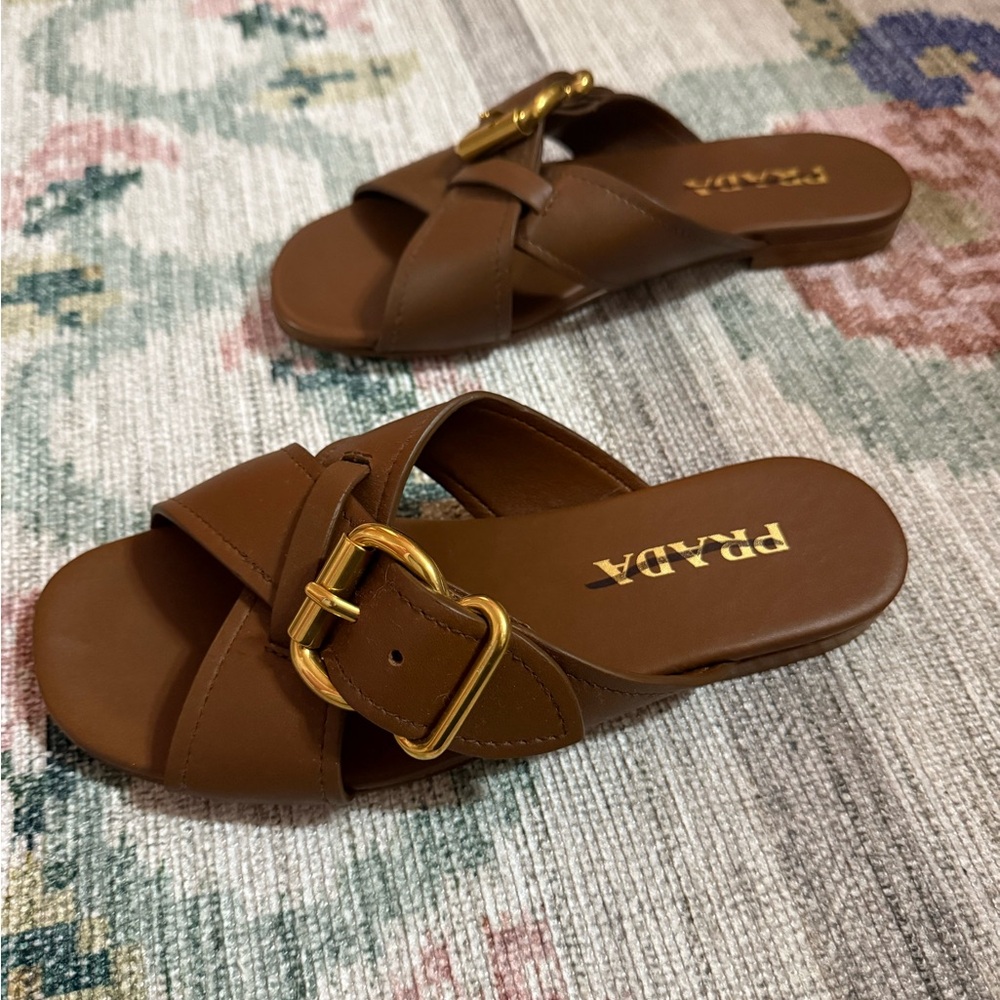 Prada Leather Buckle Crossover Sandals - Picture 2 of 8